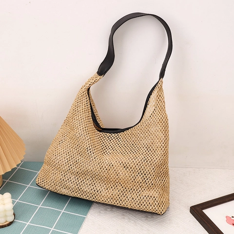 Retro Hanf Umhängetasche Große Kapazität Tote Für Damen Urlaub Strand Hobo Bag Mit Kunstleder Riemen