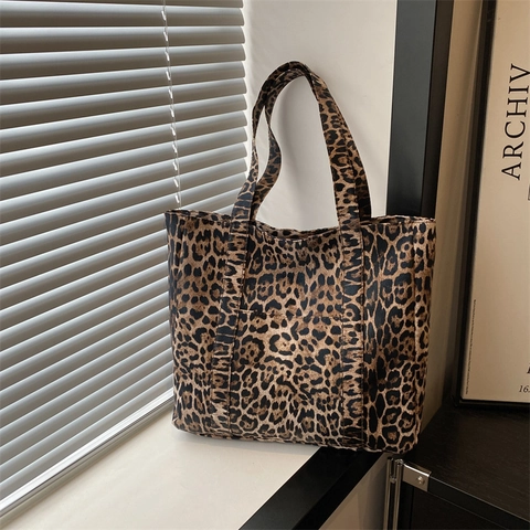 Women Fashion Leopard Print Tote Bag Large Capacity PU Canvas Shoulder Bag Commuting Casual Top Handle Handbag Shopping Bag