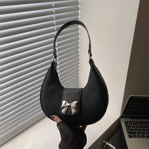 Bolso de Hombro con Lazo Plisado para Mujer Color Sólido Cuero PU Bolso Hobo de Media Luna Bolso de Axila Retro