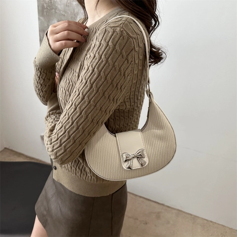 Bolso de Hombro para Mujer Estilo Francés Dulce Color Sólido Lazo Plisado Media Luna Hobo Bolso de Axila Retro