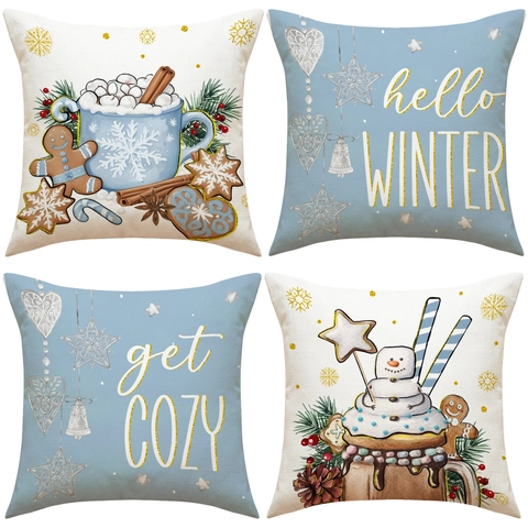 Christmas Linen Blend Cushion Cover Cute Snowman Gingerbread Print Square Pillowcase For Living Room Sofa Home Decor