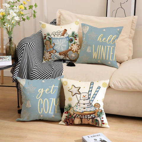 Christmas Linen Blend Cushion Cover Cute Snowman Gingerbread Print Square Pillowcase For Living Room Sofa Home Decor