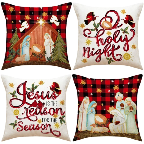 Nativity Scene Linen Throw Pillow Cover Buffalo Plaid O Holy Night Jesus Is The Reason Festive Home Decor Sofa Cushion Case