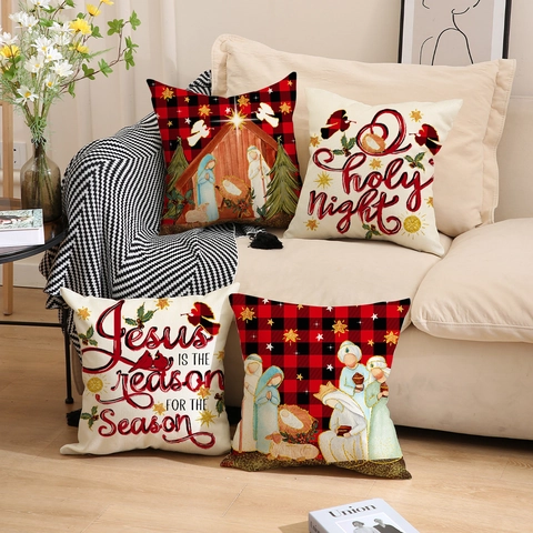 Nativity Scene Linen Throw Pillow Cover Buffalo Plaid O Holy Night Jesus Is The Reason Festive Home Decor Sofa Cushion Case