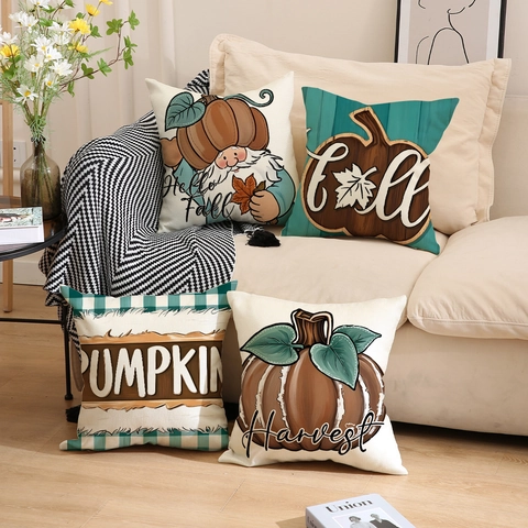 Fundas de Almohada Decorativas de Cosecha de Otoño Calabaza Gnomo Mezcla de Lino Funda de Cojín Cuadrada Para Sofá Decoración Hogar