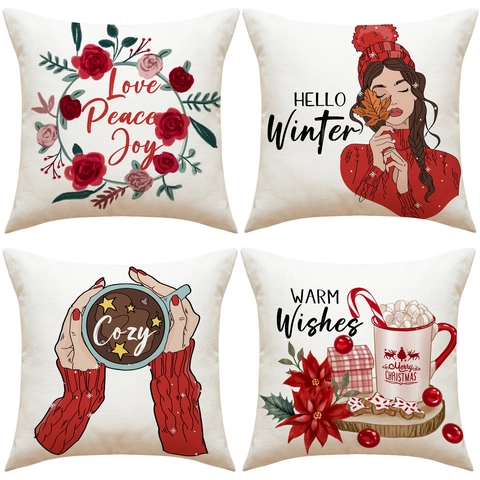 Fundas De Cojín De Invierno De Navidad Mezcla De Lino Fundas De Almohada Decorativas Impresas Para Sofá De Sala Estilo Nórdico
