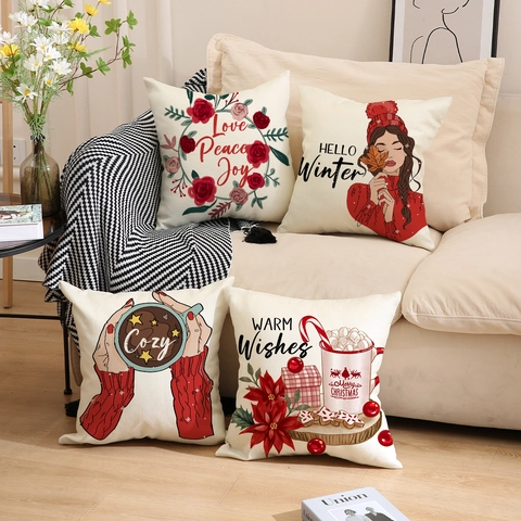 Fundas De Cojín De Invierno De Navidad Mezcla De Lino Fundas De Almohada Decorativas Impresas Para Sofá De Sala Estilo Nórdico