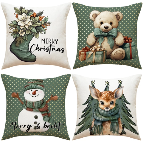 Fundas De Cojín Navideñas Mezcla De Lino Decorativas Cuadradas Funda De Almohada Dibujos Animados Oso Muñeco De Nieve Reno Hogar