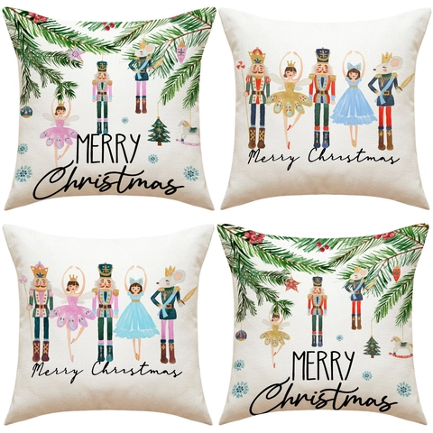 Nussknacker Weihnachten Kissenbezug Leinenimitat Cartoon Ballerina Druck Festliche Heimdekoration Kissenhülle Quadratisch