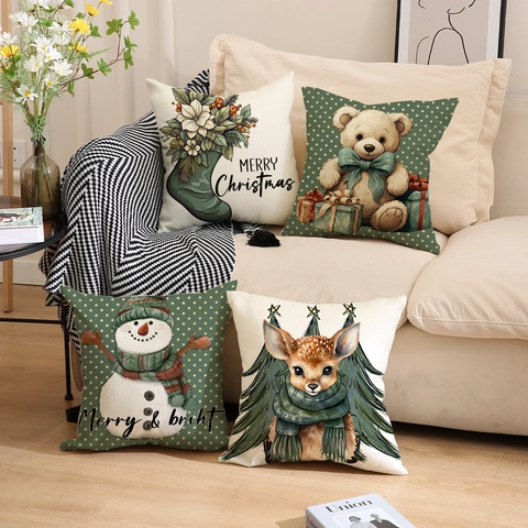 Fundas De Cojín Navideñas Mezcla De Lino Decorativas Cuadradas Funda De Almohada Dibujos Animados Oso Muñeco De Nieve Reno Hogar