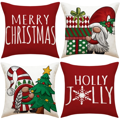 Fundas De Cojín De Navidad Lino Sintético Gnomo Feliz Navidad Holly Jolly Decoración Festiva Para Sofá Cama