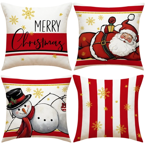 Christmas Pillow Covers Red White Striped Linen Blend Xmas Throw Pillowcase Santa Snowman Home Decor Cushion Case Holiday Decoration