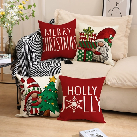Fundas De Cojín De Navidad Lino Sintético Gnomo Feliz Navidad Holly Jolly Decoración Festiva Para Sofá Cama