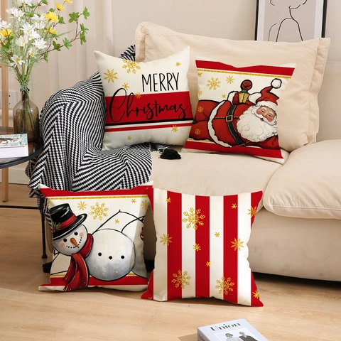 Christmas Pillow Covers Red White Striped Linen Blend Xmas Throw Pillowcase Santa Snowman Home Decor Cushion Case Holiday Decoration