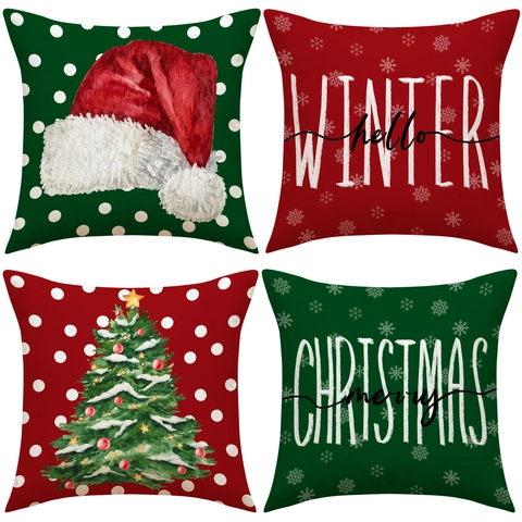 Federa Natalizia Misto Lino Albero Di Natale Fiocco Di Neve Decorativo Quadrato Copricuscino Per Decorazione Casa