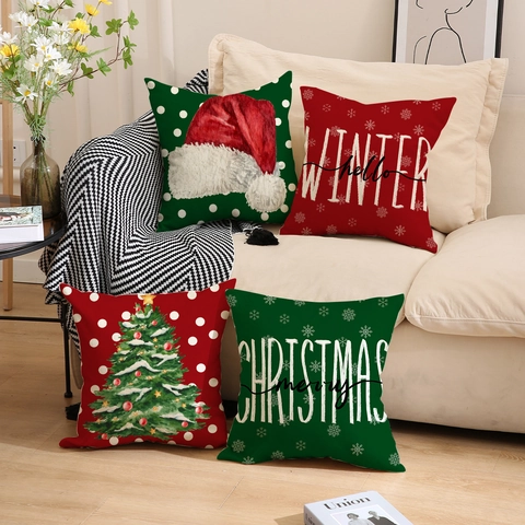 Federa Natalizia Misto Lino Albero Di Natale Fiocco Di Neve Decorativo Quadrato Copricuscino Per Decorazione Casa
