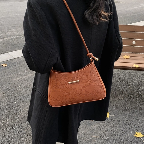 Women Lace Embossed Underarm Bag PU Leather Knotted Shoulder Strap Minimalist Commuter Retro Chic Fashion Handbag