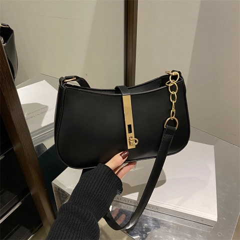Vintage Women Hobo Underarm Bag Smooth PU Leather Gold Metal Lock Detail Solid Color Retro Shoulder Bag