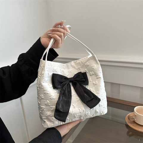 Borsa Tote da Donna Dolce Goffrata a Stelle Fiocco a Contrasto Borsa a Spalla Alla Moda per Scuola Pendolarismo Grande Capacità