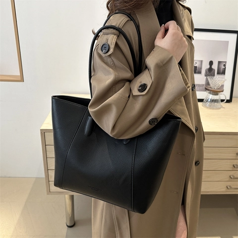 Bolso Tote Gran Capacidad Cuero PU Textura Lichi Simple Elegante Viaje Bolso De Hombro Para Mujer