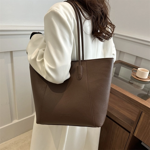 Bolso Tote de PU Minimalista para Mujer Gran Capacidad Conmutar Textura de Guijarros Bolso de Hombro Color Sólido Bolso de Mano