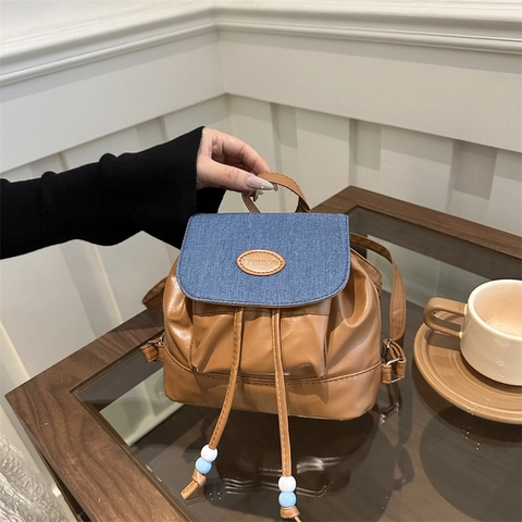 Μίνι Σακίδιο Πλάτης Γυναικείο Μόδα PU Δέρμα Denim Patchwork Κλείσιμο Με Κορδόνι Casual Ταξίδι Ρετρό
