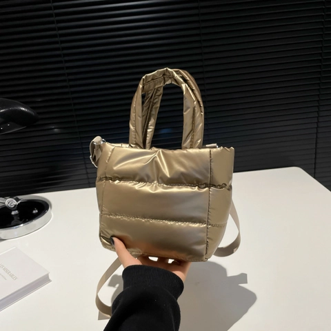 Women Metallic Quilted Puffer Crossbody Bag Fashion Puffy Small Square Handbag With Adjustable Strap For Daily Street Style