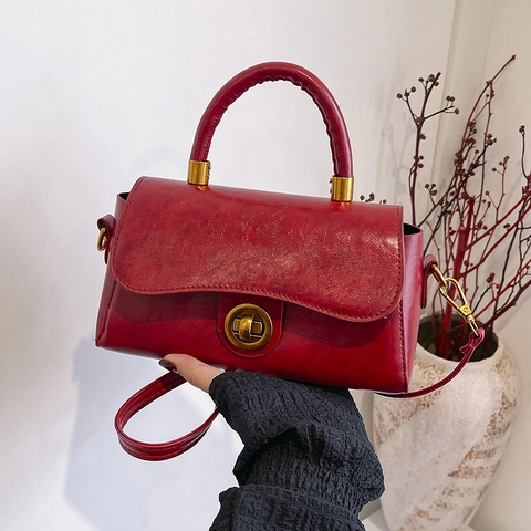 Vintage PU Leather Small Square Crossbody Bag For Women Retro Solid Color Handbag With Metal Turn Lock And Bell Charm