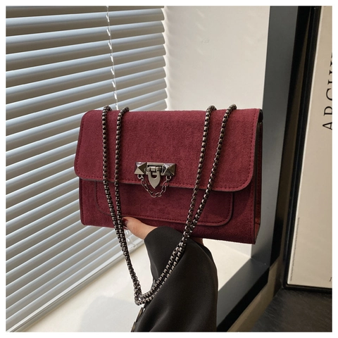 Vintage Wildleder Schulter Umhängetasche Mit Metallkettenriemen Und Klappdeckel Schnalle Retro Kleine Quadratische Tasche Damen