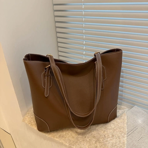 Borsa Tote in Pelle PU Minimalista Francese Grande Capacità Con Cuciture a Contrasto Per Donna Borsa a Tracolla Casual Pendolare