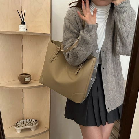 Borsa Tote in Pelle PU Minimalista Francese Grande Capacità Con Cuciture a Contrasto Per Donna Borsa a Tracolla Casual Pendolare