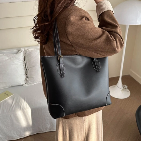 Borsa Tote Retro in Pelle PU Grande Capacità per Donna Borsa a Tracolla con Cuciture a Contrasto Casual Pendolare