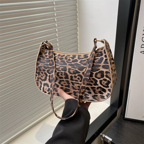 Bolso De Axila Estampado De Leopardo Mujeres Cuero PU Hobo Bolso De Hombro Retro Media Luna Cremallera Elegante