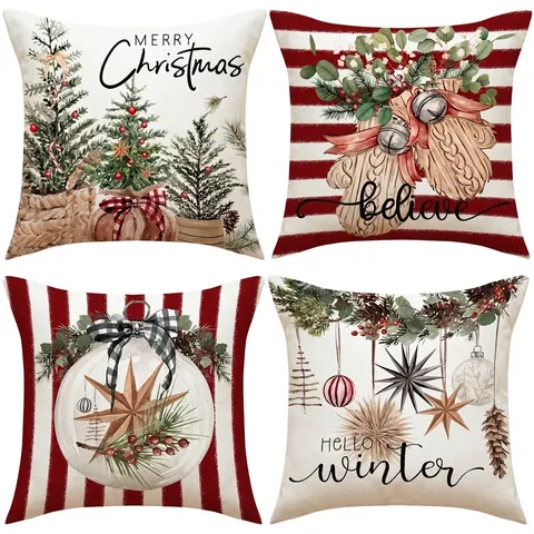 Federa Per Cuscino Quadrata In Misto Lino Con Motivo Di Albero Di Natale E Fiocco Di Neve Per Decorazione Divano Soggiorno