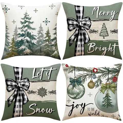 Christmas Throw Pillow Cover Linen Blend Holiday Tree Snowflake Printed Cushion Case Farmhouse Home Sofa Decor