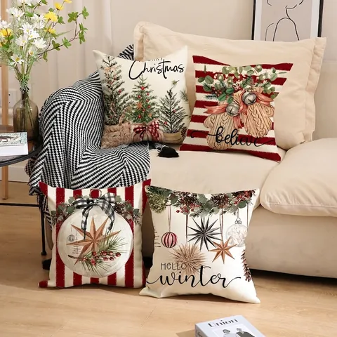 Federa Per Cuscino Quadrata In Misto Lino Con Motivo Di Albero Di Natale E Fiocco Di Neve Per Decorazione Divano Soggiorno