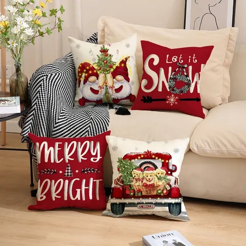Federe Per Cuscini Decorativi Natalizi Fodera Per Cuscino In Lino Per Divano Soggiorno Gnomi Camion Rosso Stampe