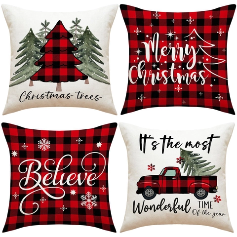 Weihnachten Leinenmischung Kissenbezüge Rot Schwarz Büffelkaro Weihnachtsbaum Vintage LKW Schneeflocken Deko Kopfkissenbezüge Für Sofa Büro