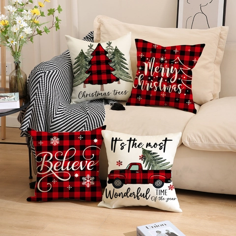 Weihnachten Leinenmischung Kissenbezüge Rot Schwarz Büffelkaro Weihnachtsbaum Vintage LKW Schneeflocken Deko Kopfkissenbezüge Für Sofa Büro