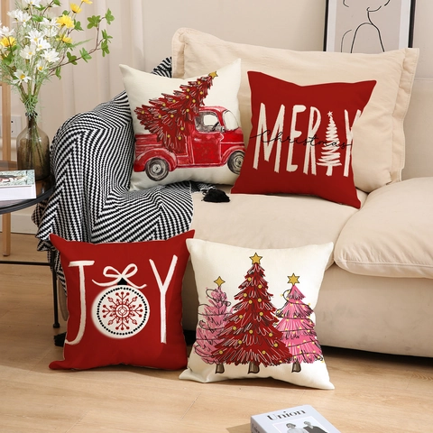 Weihnachten Leinenmischung Kissenbezug Roter LKW Merry Christmas JOY Muster Bedruckt Dekokissenbezug Für Sofa Couch Festliche Wohndekor