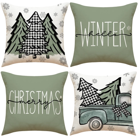 Christmas Throw Pillow Covers Linen Decorative Winter Cushion Cases For Couch Living Room Merry Christmas Hello Winter Truck