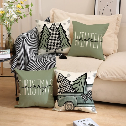 Christmas Throw Pillow Covers Linen Decorative Winter Cushion Cases For Couch Living Room Merry Christmas Hello Winter Truck