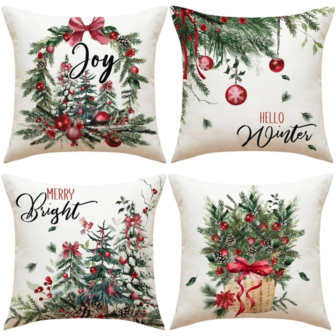 Taie d'Oreiller Couronne de Noël en Faux Lin Housse de Coussin Décorative Canapé Maison Joy Hello Winter Décor de Fête