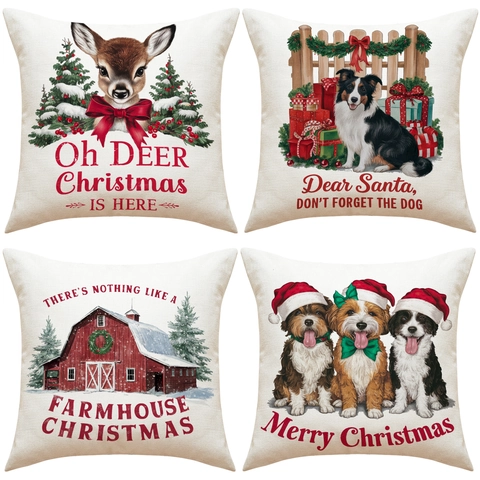 Kerst Kussenhoes Linnenmix Vierkant Cartoon Dier Hert Hond Print Kussensloop Voor Thuis Bank Feestelijke Decoratie