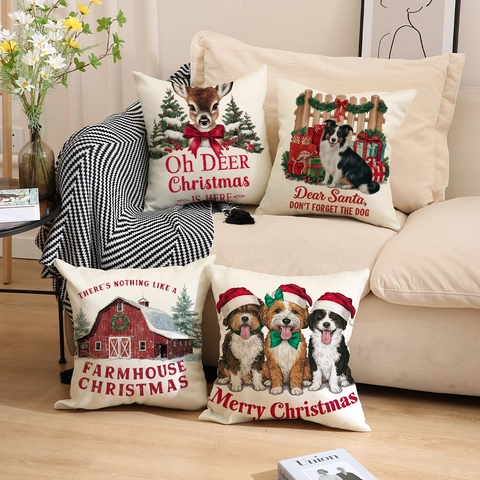 Kerst Kussenhoes Linnenmix Vierkant Cartoon Dier Hert Hond Print Kussensloop Voor Thuis Bank Feestelijke Decoratie