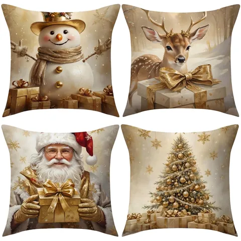 Christmas Pillowcase Faux Linen Square Decorative Cushion Cover Holiday Home Decor Santa Snowman Reindeer Tree Print