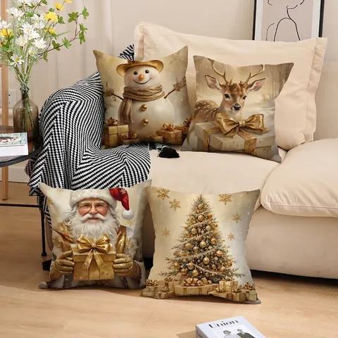 Christmas Pillowcase Faux Linen Square Decorative Cushion Cover Holiday Home Decor Santa Snowman Reindeer Tree Print