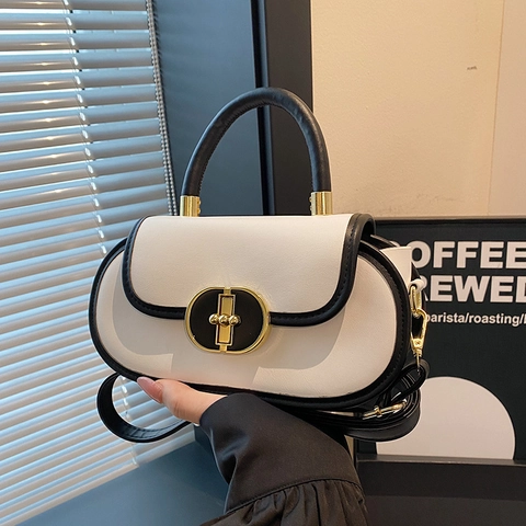 Bolso De Hombro Ovalado Vintage Para Mujer Cuero PU Cierre Metálico Dorado Color De Contraste Bolso De Mano Correa Retro