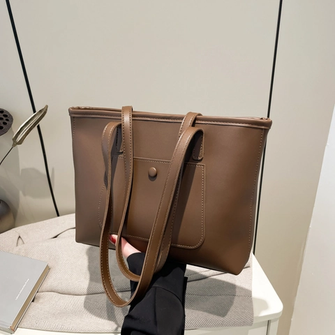 Bolso Tote de Cuero PU de Gran Capacidad para Mujer Bolso de Hombro Minimalista Color Sólido Con Bolsillo Delantero para Oficina