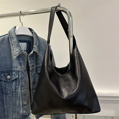 Women Retro Minimalist PU Leather Tote Bag Large Capacity Single Shoulder Bag Soft Solid Color Hobo Bag Casual Commuter Handbag